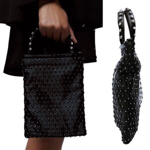 ZARA Mini Rhinestone Gem Black Net Lined Evening Bag Silver Sparkly